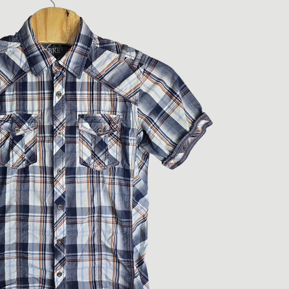 BKE Mens Slim Fit Plaid Short Sleeve Button Down Shirt Large Blue Orange White